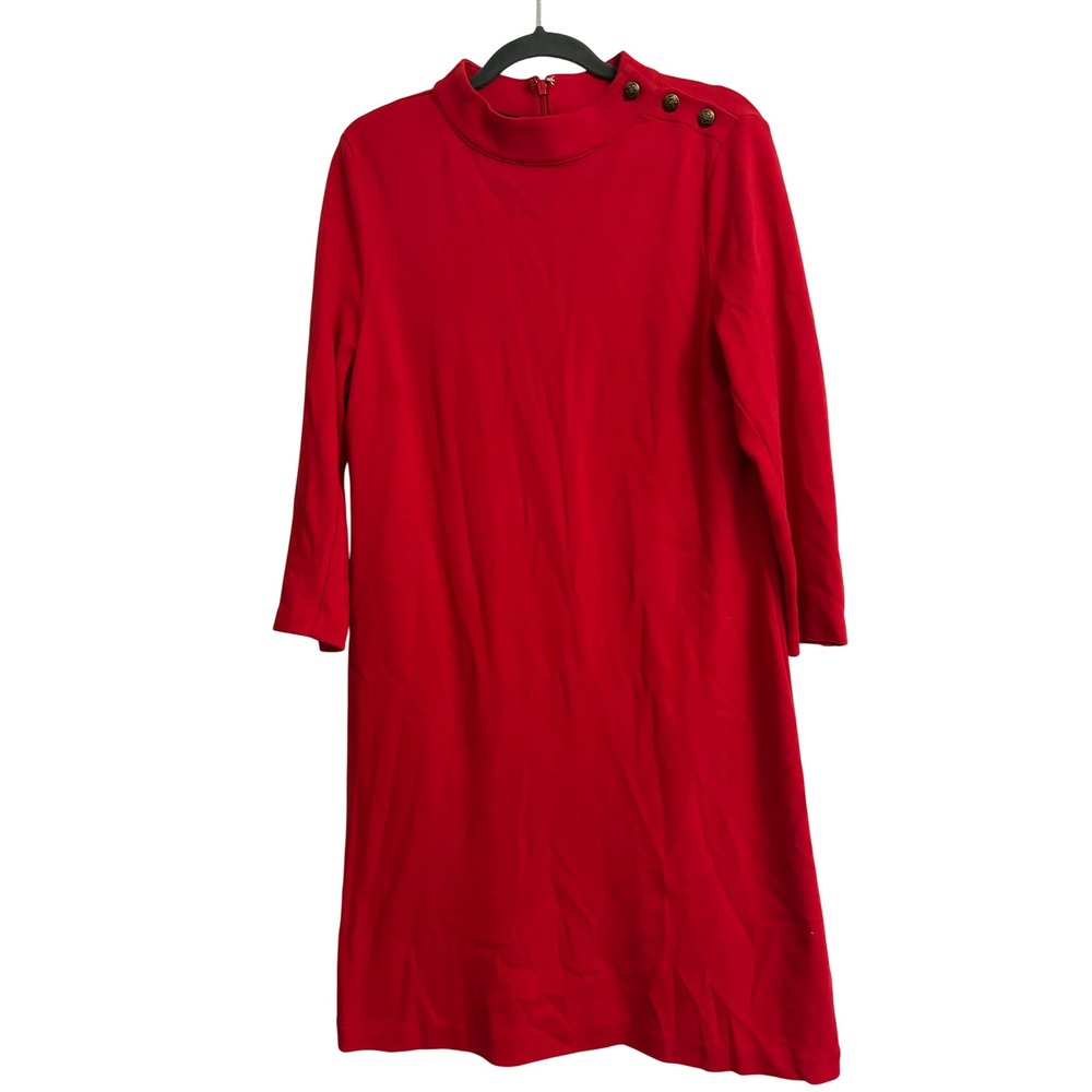 Talbots Shift Dress Large Red Ponte Knit Mock Neck Gold Button Office Holiday